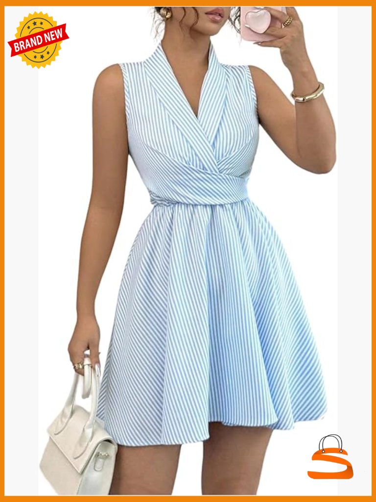Striped Wrap Mini Dress Elegant Tie Back Collared Sleeveless A Line